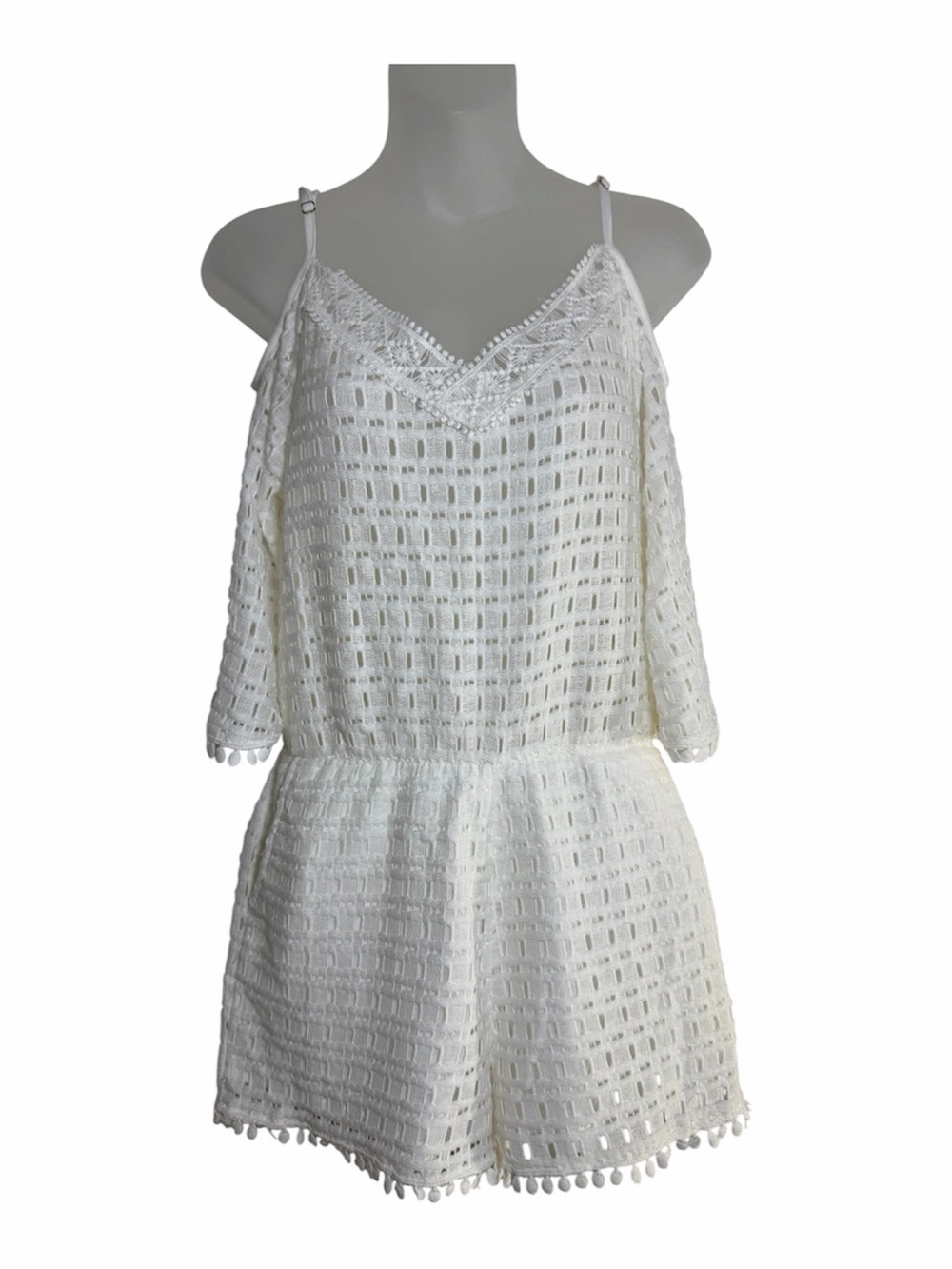 California Moonrise White Crochet Lace Boho Romper Pom Pom Cold Shoulder Medium